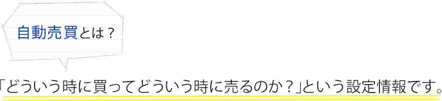 自動売買とは？どういう時に買ってどういう時に売るのか？という設定情報です。